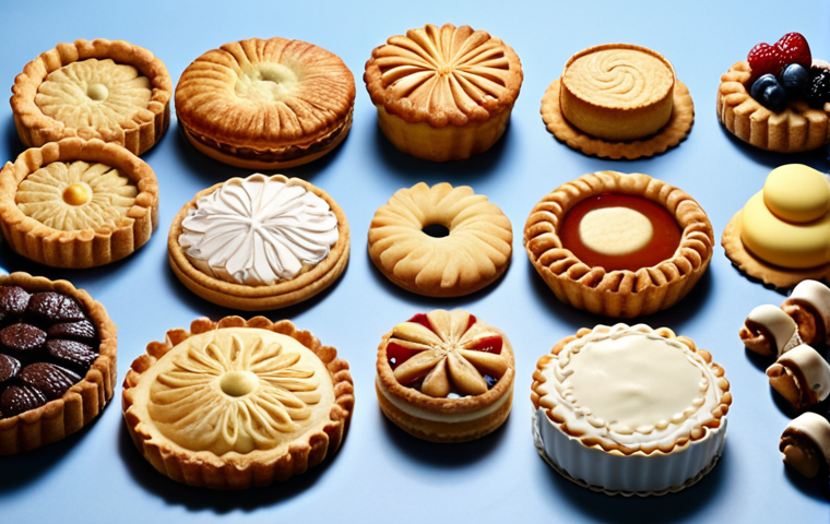 Assorted cookies, cakes, pies, and tarts showcasing delicate shaping and precise measuring techniques, highlighting the differences between the ingredients of pastry and bakery.